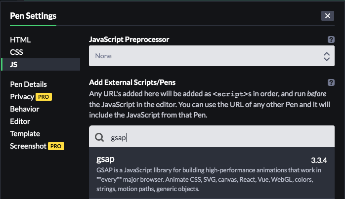 pen settings on codepen